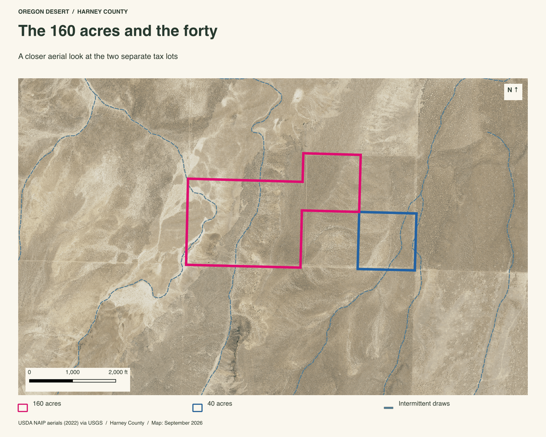 QGIS aerial map showing the separate 160-acre and 40-acre Beatys Butte country parcels touching at one corner