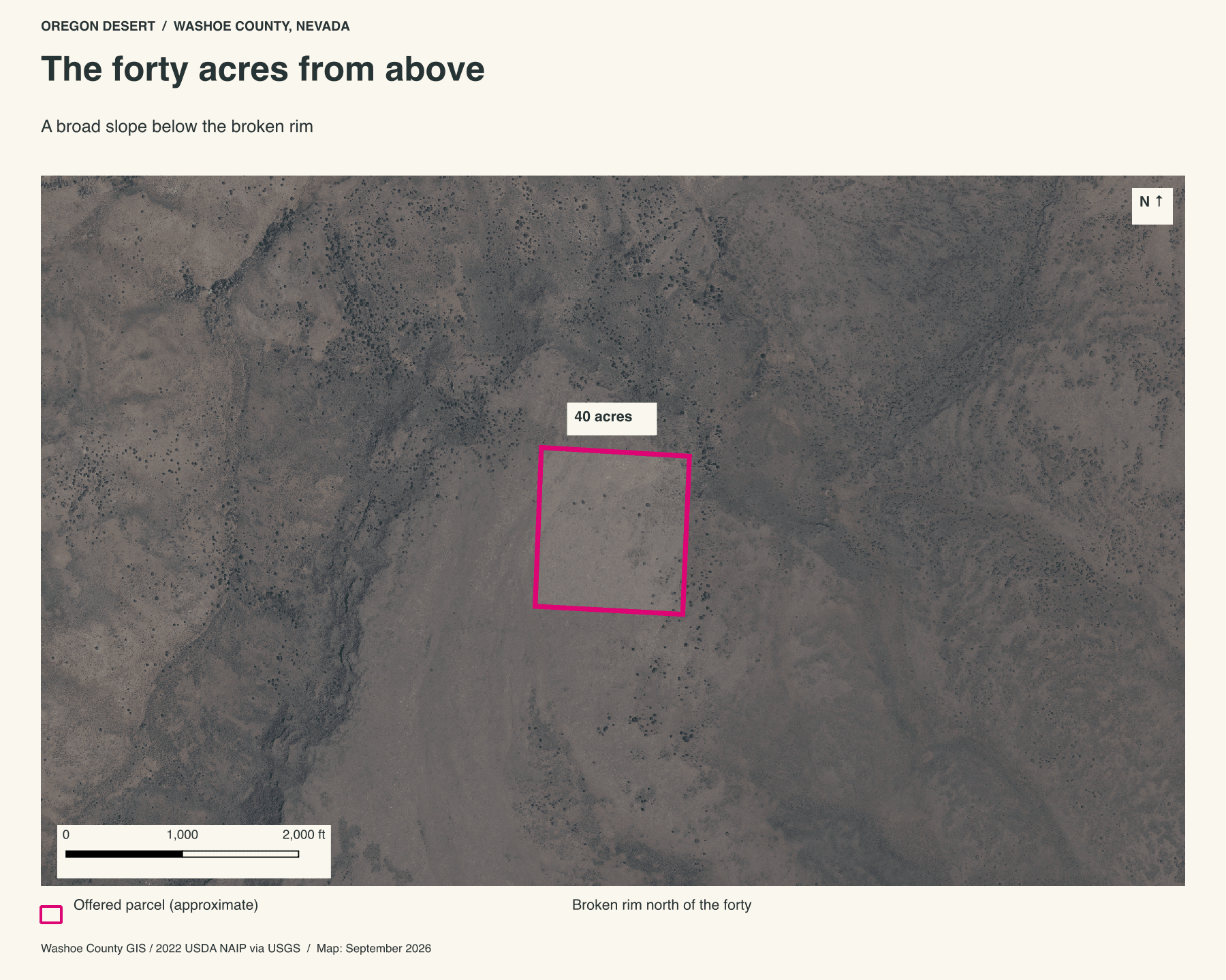QGIS aerial map outlining 40 acres of rising desert ground near Divine Springs, Nevada