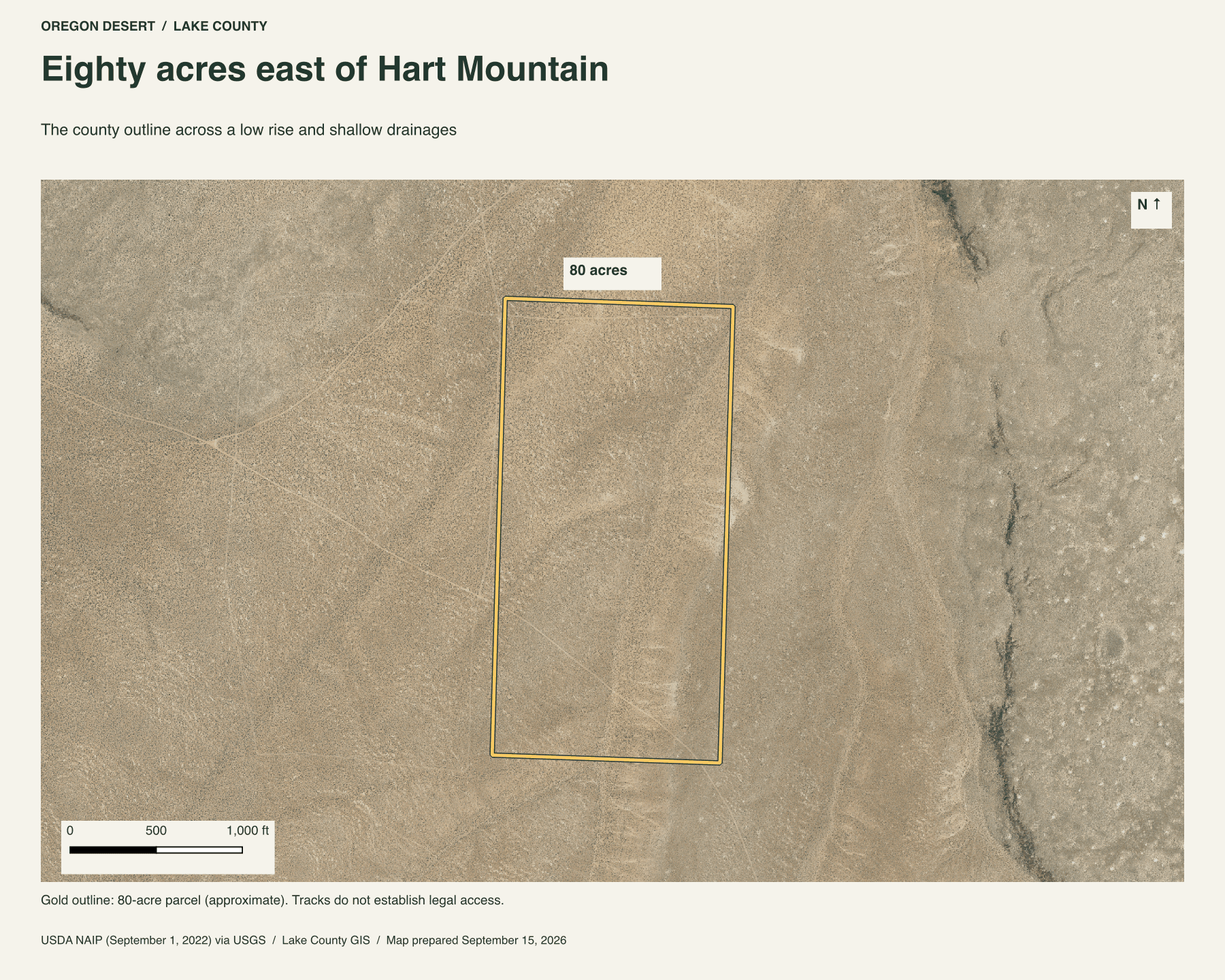County outline of the eighty acres east of Hart Mountain over September 2022 aerial imagery