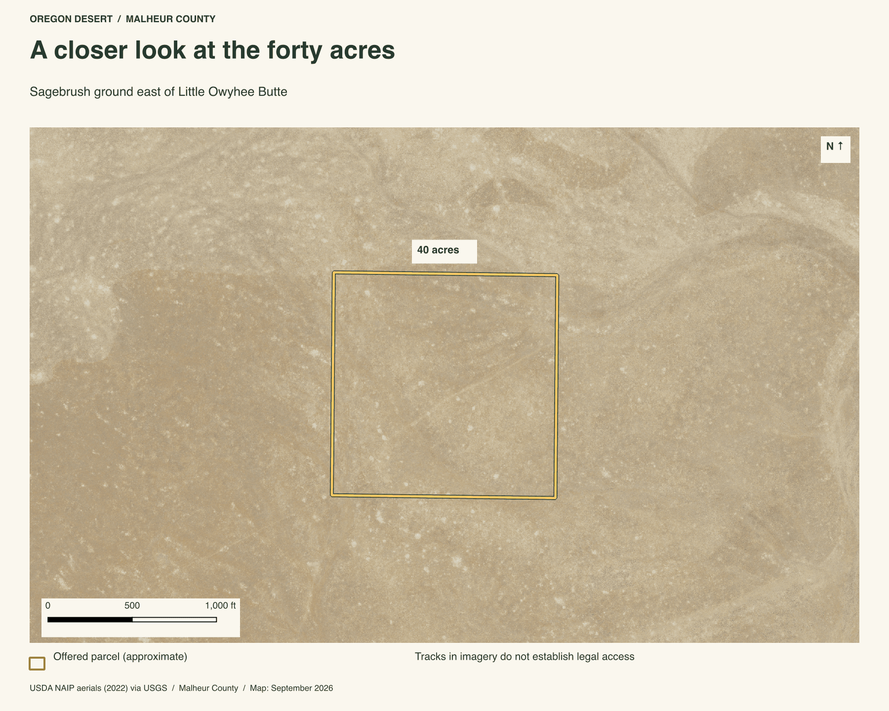 QGIS aerial map outlining forty acres east of Little Owyhee Butte, with the separate butte parcel to the west