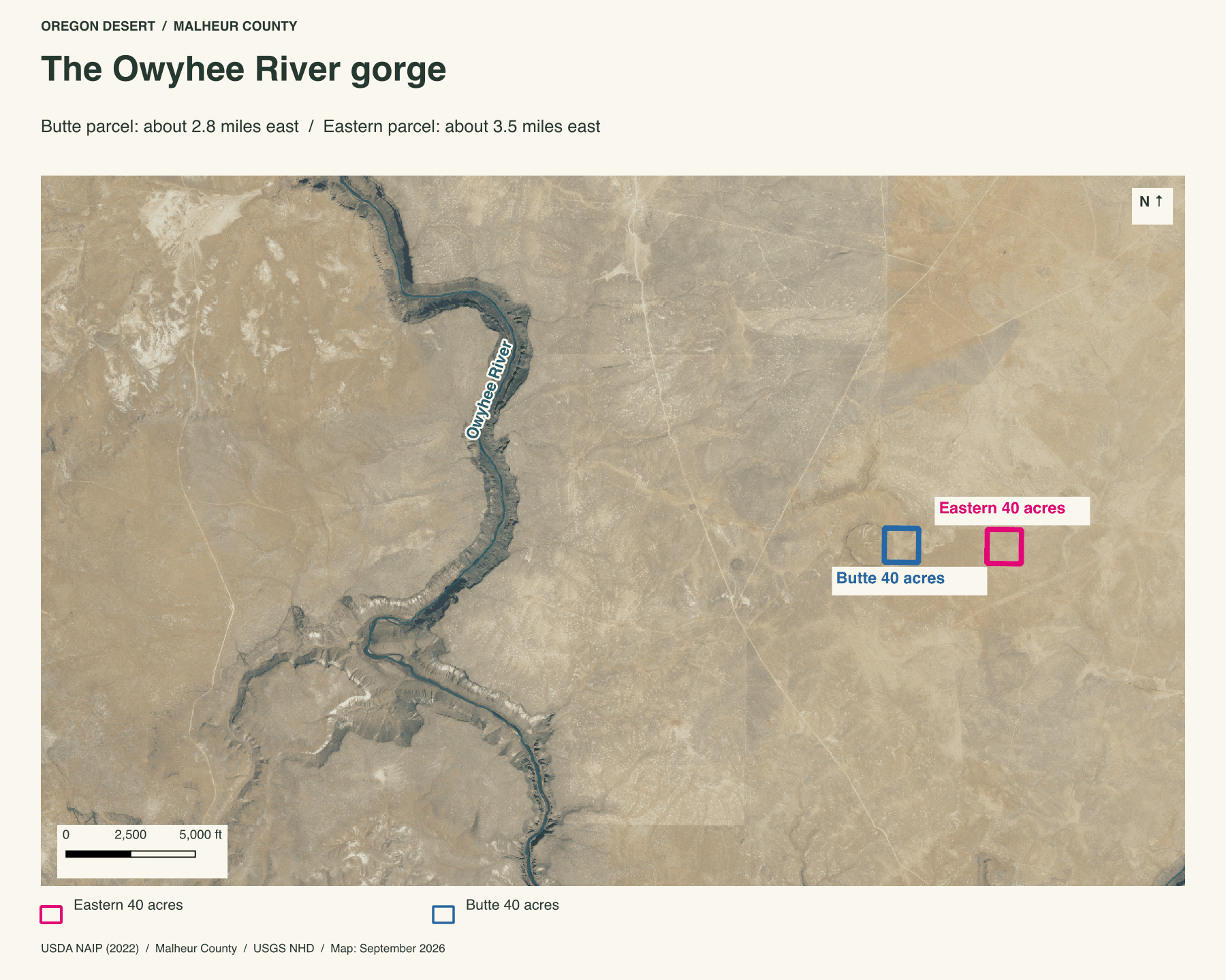 Aerial map showing the Owyhee River gorge west of the blue Little Owyhee Butte parcel and the separate eastern parcel in pink