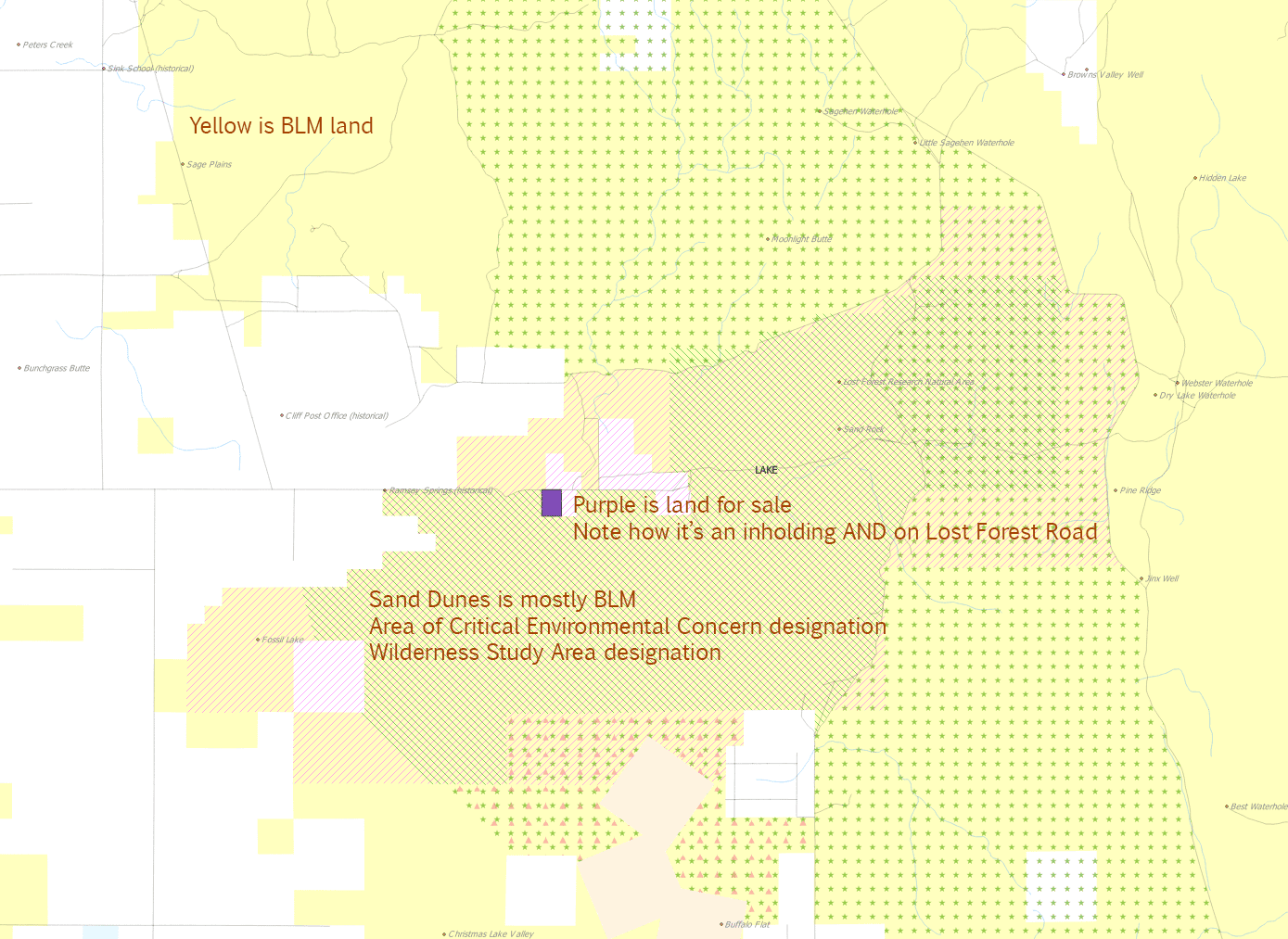Ownership map locating the private parcel within BLM dune country