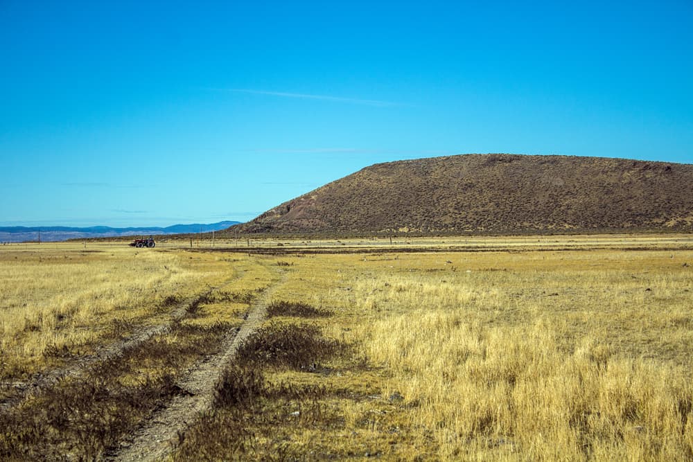A dirt track crosses grassland beside a low, flat-topped butte