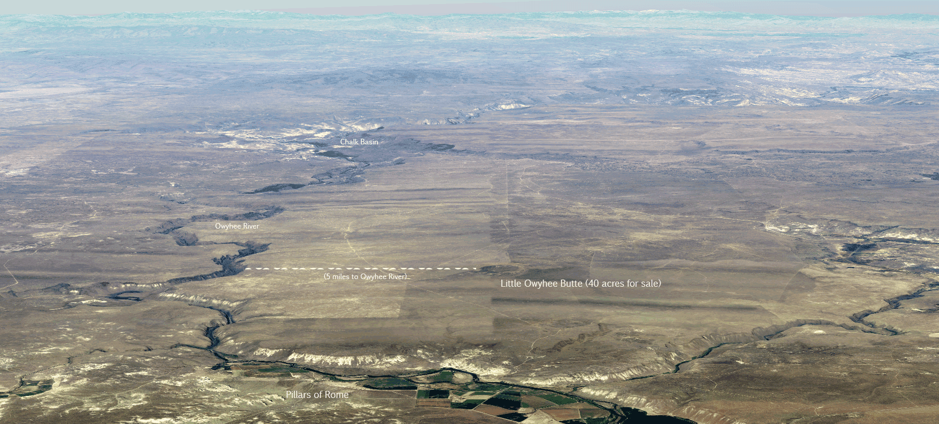 Annotated aerial view locating Little Owyhee Butte near the Owyhee River