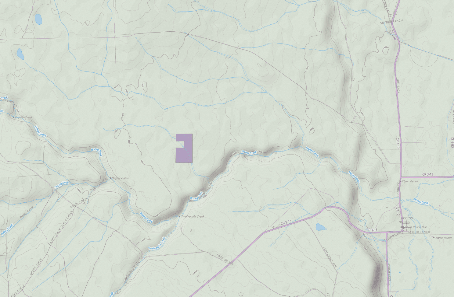 Terrain map marking the Honey Creek parcel above the creek canyon